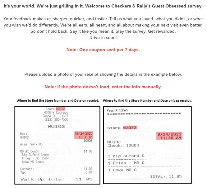 The GuestObsessed survey welcome screen showing where the store number and date appear on a register receipt and a bag receipt