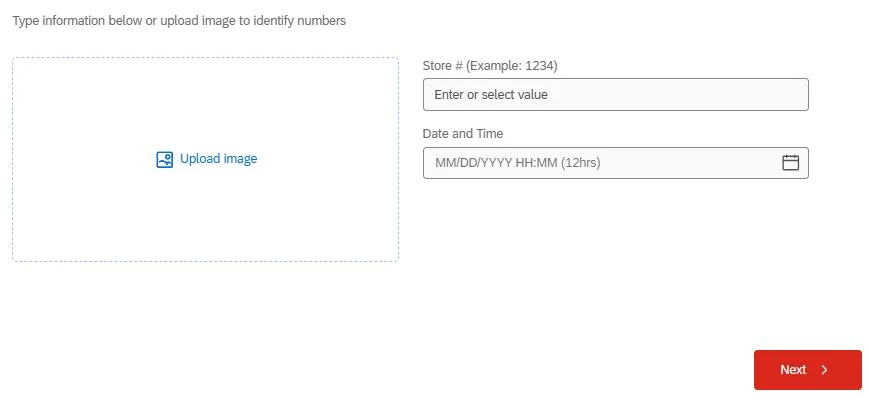 The GuestObsessed survey entry screen with an upload image box on the left and Store number and Date and Time fields on the right